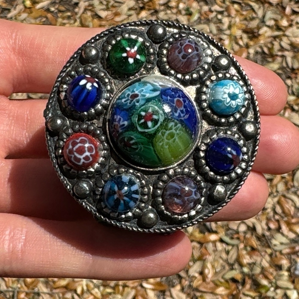 Vintage Handmade Silver plated Miliefiori pillbox with purple velvet lining
